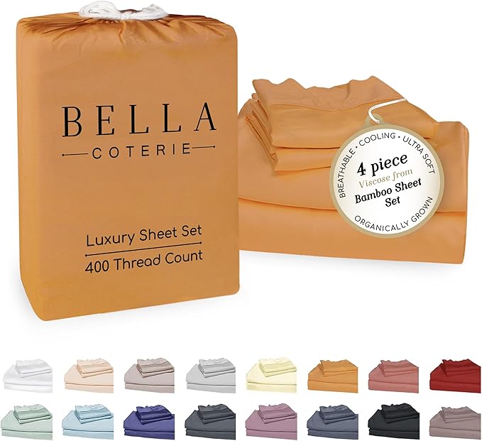 Bella Coterie Luxury Bamboo Viscose Cal King Size Sheet Set | 100% Organically Grown | Ultra Soft | Cooling for Hot Sleepers | 18" Deep Pocket [Marigold]