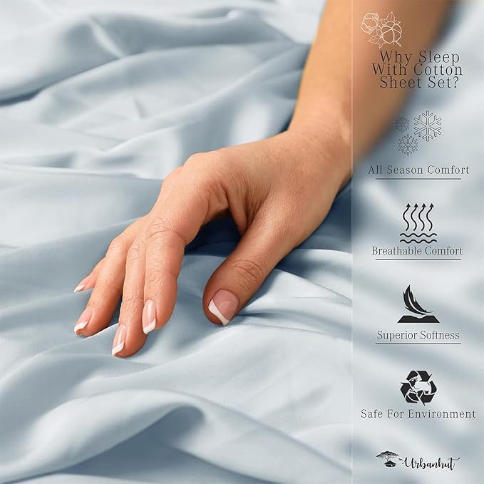 URBANHUT 800 Thread Count 100% Cotton Twin Size Sheets, Luxury 4 Piece Twin Bedsheets, Hotel Sheets Sateen Finish - Better Than Egyptian, 14" Elasticized Deep Pocket - Light Blue