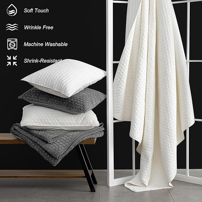 Powdion Velvet Quilt King Size, Oversized Bedspread Quilted Bedding Set, Luxurious Soft Coverlet Set Lightweight Velvet Comforter for All Season with 2 Pillow Shams, 96x106 Striped Quilt Set Gray