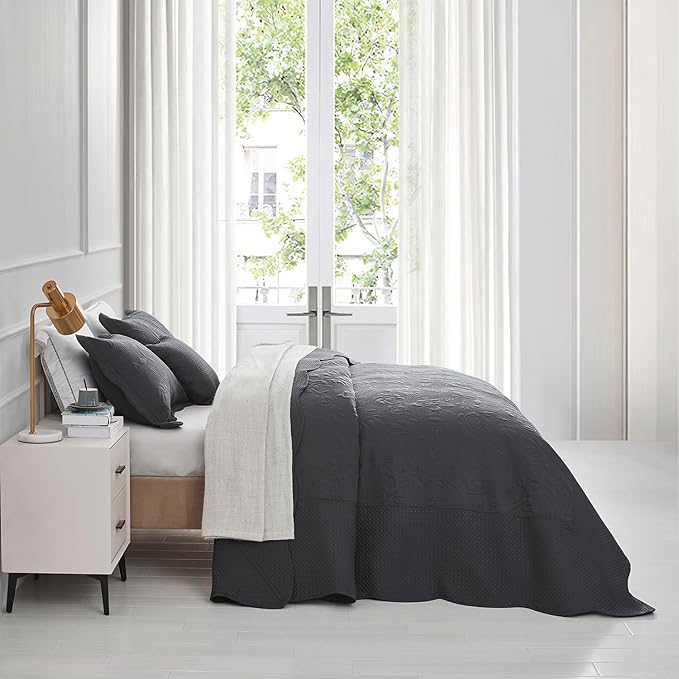 CHIXIN Oversized Bedspread Coverlet Set King Size - Lightweight Bedding Cover - Ultrasonic Quilting - 5 Piece Reversible Bedspread - Vintage Rose Pattern (King, Dark Grey)