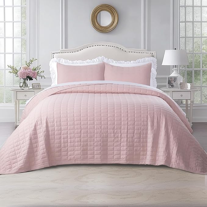 KASENTEX Queen XL Quilt Set 98"x98" – Soft Washed 3-Layer Lightweight Bedspread, Minimalist Nordic Design, All-Season Spring & Summer Quilt Set (1 Quilt + 2 Pillow Shams), Blush Pink