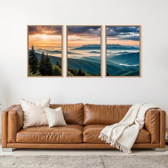 LHIUEM Large Nature Mountain Sunrise Framed Canvas Wall Art,Modern Misty Tree Wall Decor,Boho Forest Green Wall Painting,Landscape Picture Artwork for Living Room,Bedroom,Dining Room,Office -24"x36"x3