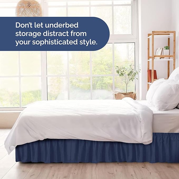 Wrap Around Dust Ruffle Bed Skirt - Navy Blue - for Full Size Beds with 24 Inch Drop - Elastic Strap - Adjustable Pleated Bedskirt with Brushed Fabric and Wrinkle Free - for Women, Men, Kids & Teens