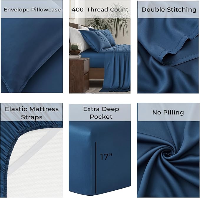 Full Size Sheet Set | 100% Viscose | Organically Grown | Ultra Soft | Cooling Sheets for Hot Sleepers | 17" Deep Pocket [Midnight Blue]