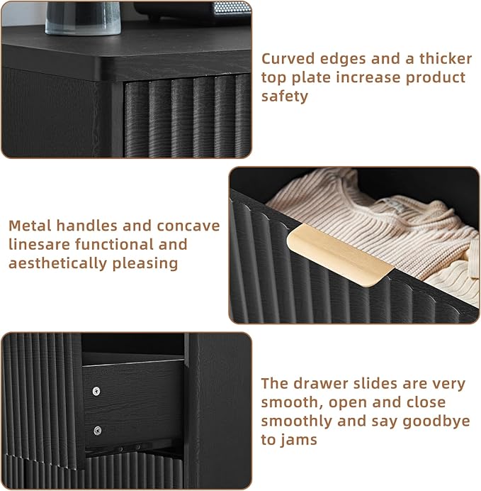 LEYAOYAO 48" Wide Fluted Dresser and 2 Drawers 23" Nightstand Set of 2, Wooden Dresser & Night Stand with Charging Station, 3 Piece Bedroom Furniture Set, Chest of Drawer for Living Room,Black