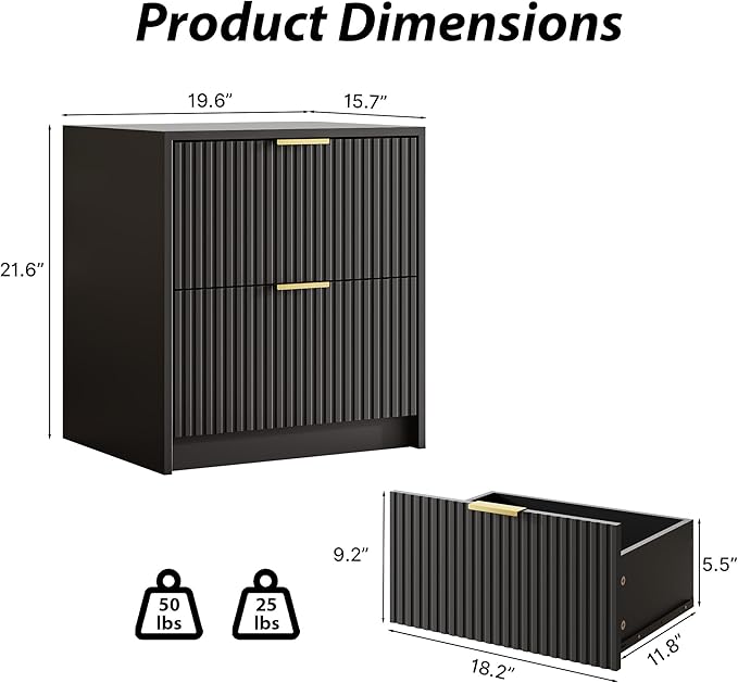 3-Piece Dresser Bedroom Set, 9 Drawer Dresser & 2 Drawer Nightstands with Gold Handles, Fluted Wood Chest of Drawers for Bedroom, Living Room, Entryway, Black