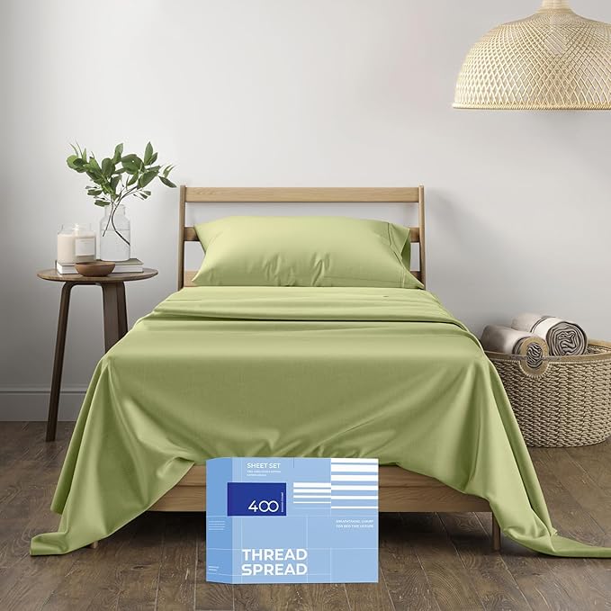 THREAD SPREAD 100% Cotton Bed Sheets Twin XL Sheet Set - 400 Thread Count Sheet Twin XL Size 3 PC Set (Sage Green), Soft, Cooling, Hotel-Quality 16" Deep Pocket Sateen Cotton Bedsheet for Hot Sleepers