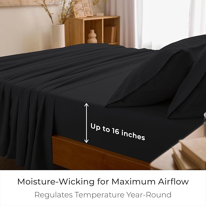 Mellanni Twin XL Sheet Set - 4-Piece Iconic Collection Bedding, (Including 2 Pillowcases), 16-Inch Deep Pocket, Easy Care, Extra Soft, Cooling Sheets, Brushed Microfiber - Black