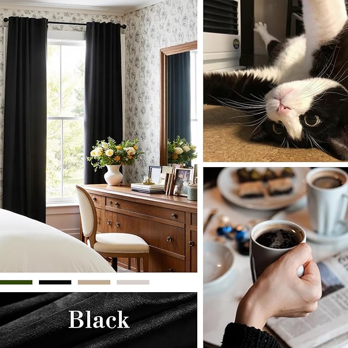 Lazzzy Velvet Blackout Curtains Thermal Insulated Room Window Drapes Super Soft Luxury Curtains for Living Room Bedroom Rod Pocket 2 Panels, Black, 52" W x 84" L
