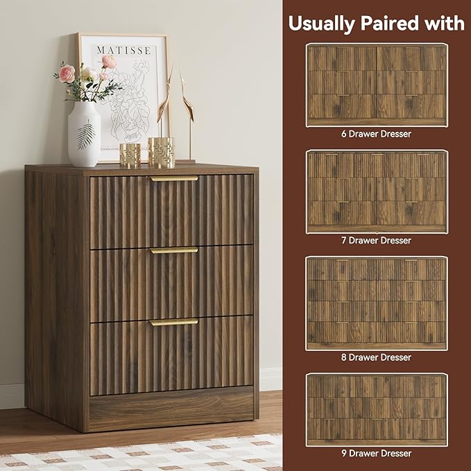Walnut Dresser & 3 Drawer Nightstand Set 3-Piece, 63” Long 9 Drawer Dresser and Night Stand Set of 2, Fluted Modern Wood Chest of Drawers Storage Dressers Set for Bedroom, Walnut