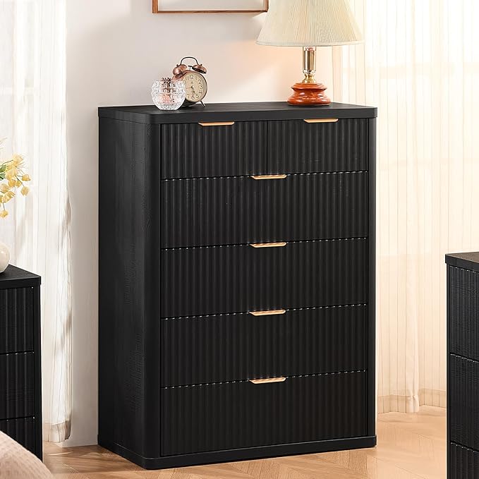 LEYAOYAO 42" Tall Fluted Dresser and 3 Drawers 23" Nightstand Set of 2, Wooden Dresser & Night Stand with Charging Station, 3 Piece Bedroom Furniture Set, Wood Chest of Drawer for Living Room,Black