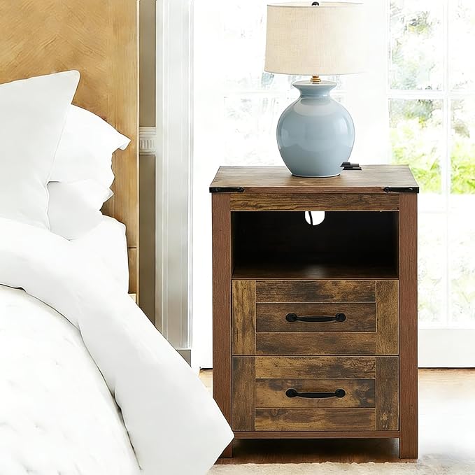 Puntogen Brown Night Stand Set of 2, Rustic End Table with Charging Station, Farmhouse Tall Nightstand for Bedroom, Drawer Dresser Bedside Table with Open Storage Shelf