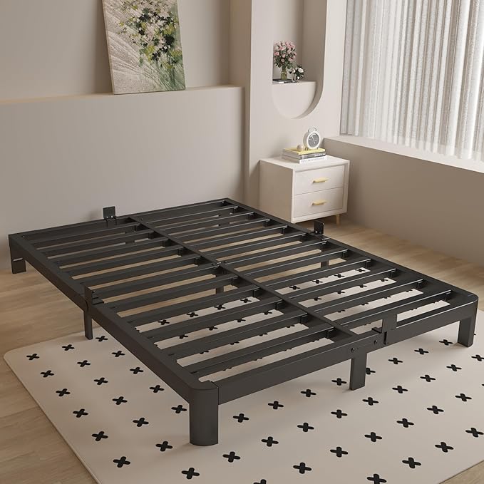 Queen Bed Frame 6 Inch Black, Metal Bed Frame Queen Size with Gaskets, No Box Spring Need, Heavy Duty Steel Platform Support, Round Corner Design, Reserved Holes, Noiseless, Easy Assembly