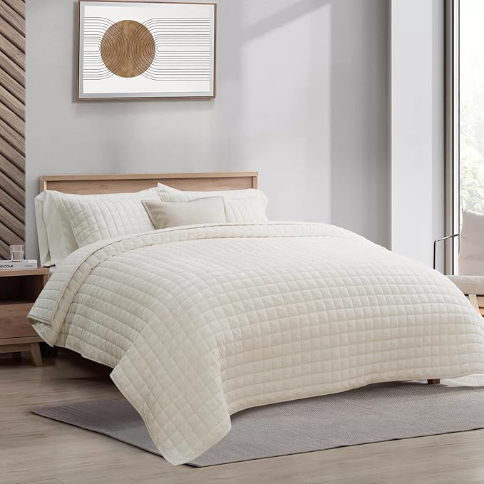 RECYCO Luxury Velvet Quilt Set Full Queen Size, Lightweight Velvet Comforter Set, Oversized Bedspread Coverlet Quilted Bedding Set, with 2 Matching Pillow Shams, for All Season, Cream White
