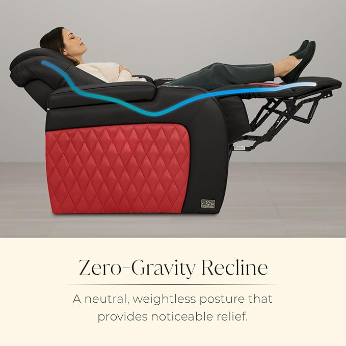 Seatcraft Diamante Zero-Gravity CoolZero Italian Leather Home Theater Seating, Power Headrest, Power Recline, Row of 3, Black/Red