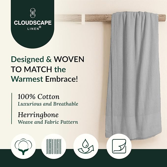 Cloud Scape Linen 100% Cotton Blanket 92x92 Charcoal Grey - Cozy Herringbone Weave, Fits Up to for Full Size Beds, Breathable Softness, All-Season Warmth, Winter Blanket, for Women