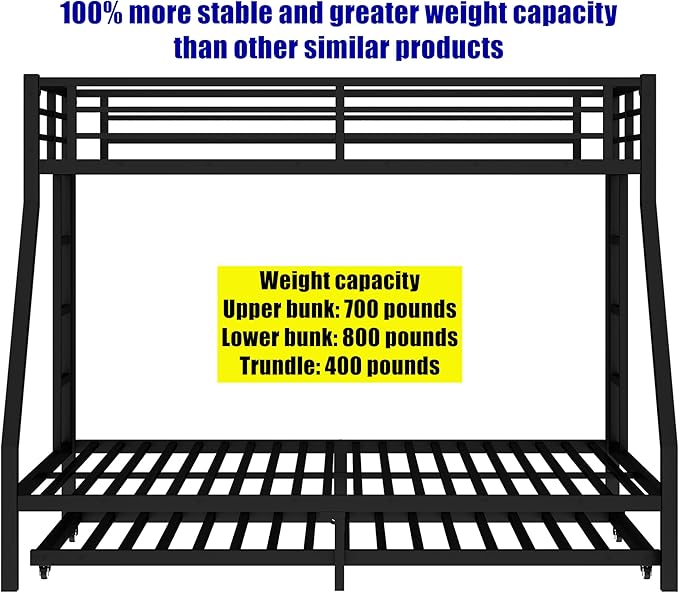 Higher Quality & Stronger Heavy Duty Metal Bunk Bed Frame Twin XL Over Queen Size with Twin Size Trundle for Adults Teens, Thickened More Stable Steel Bunkbed