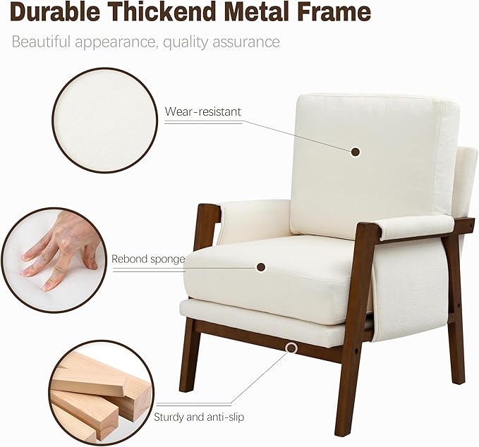 Accent Chairs for Living Room Set of 2, Modern Arm Chairs for Bedroom, Wooden Upholstered Mid Century Accent Chairs, Cream White