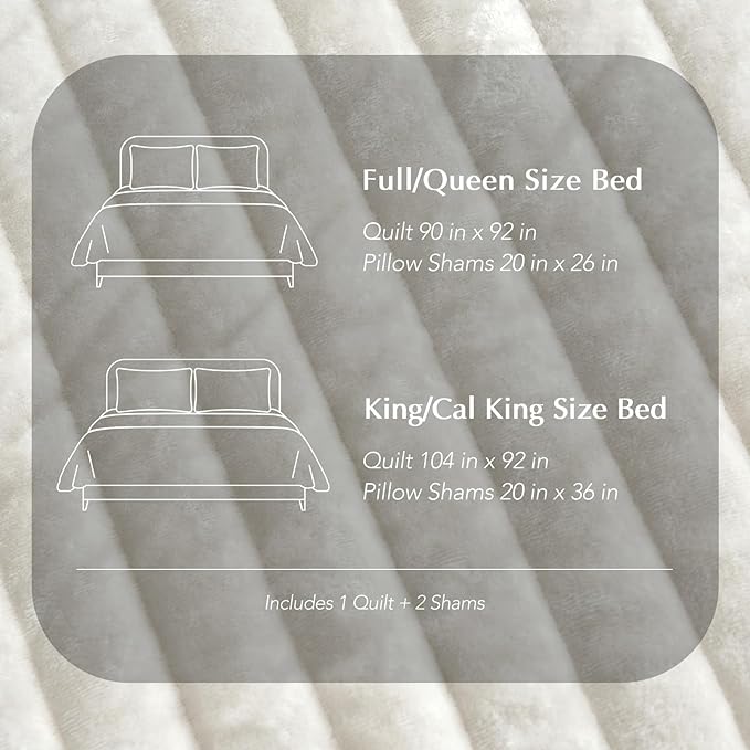 EVERGRACE Velvet Quilt Set King Size, Luxurious Soft Striped Channel Bedding Set, Lightweight Velvet Comforter for All Season, Oversized Bedspread Coverlet with 2 Matching Shams, Ivory White