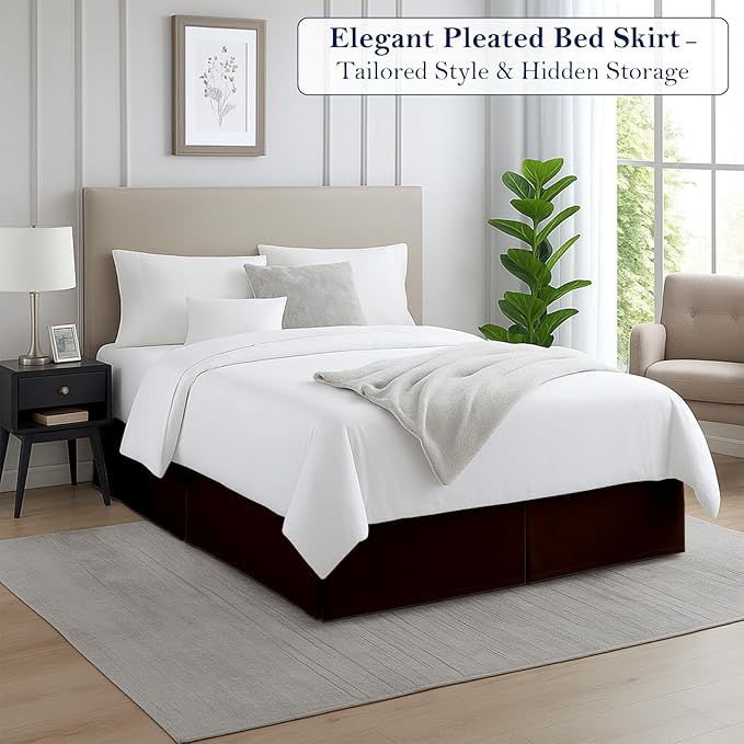 King Bed Skirt, Luxury 14 Inch Drop Chocolate Pleated Bed Skirt, Double Brushed Microfiber, Box Pleat Design, Wrinkle & Fade Resistant, Easy Fit Tailored Bedskirt for King Size Beds