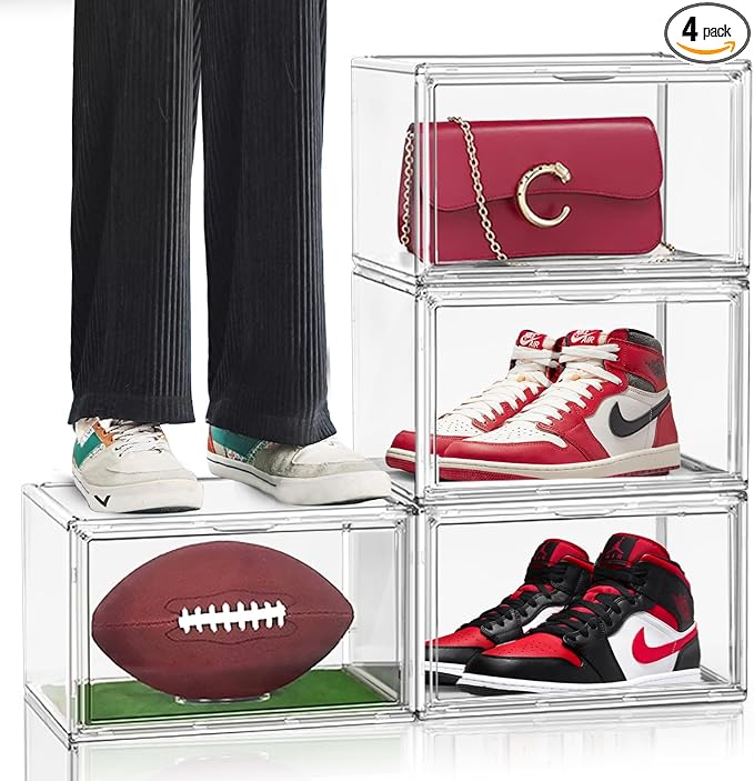 4 Pack Large Acrylic Shoe Boxes Sneaker Storage for Sneakerheads Clear Plastic Stackable Boot Shoe Collectibles Display Case, Size 13