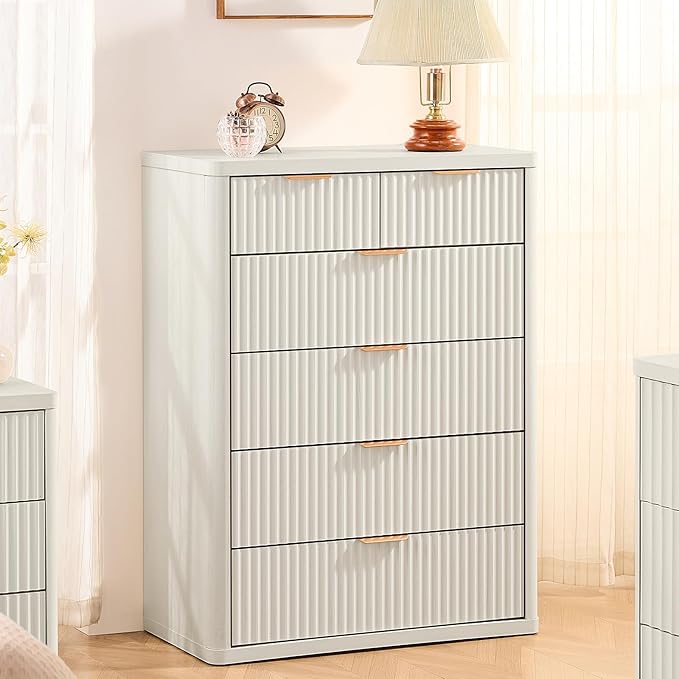 LEYAOYAO Fluted Dressers & Nightstand Set of 4, Wood 48" Wide Dresser & 42" Tall Chest of Drawers,Modern Bedroom Furniture Sets,White Wooden Nightstand Set of 2 with 3 Drawers & Charging Station