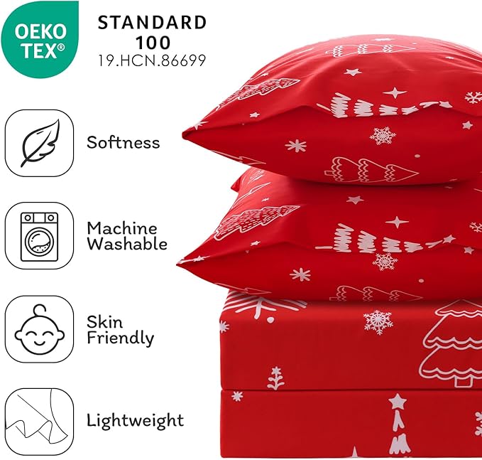 JSD Red Christmas Tree Kids Sheet Set Twin Size, 3 Piece Soft Printed Microfiber Sheets Deep Pocket