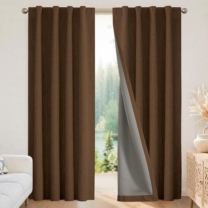 Joydeco Linen Blackout Curtains for Bedroom - 100% Light Blocking 1 Panels, Cappuccino Drapes 100" W x 96" L, Thermal Insulated Room Darkening Curtains for Living Room, Rod Pocket & Back Tabs