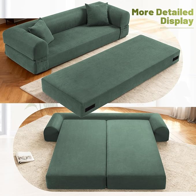 Convertible Futon Sofa Bed,80" Folding Pull Out Couch Bed with Storage,Queen Sleeper Sofa Bed,Compressed Couch in a Box,Corduroy Boneless Couches for Living Room,Light Green