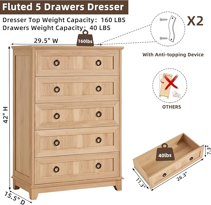Farmhouse 5 Drawer Dresser for Bedroom Set of 2, 42" Tall Small Dressers & Chest of Drawers, Rustic Wood Dresser with Metal Handle, Storage Organizer Closet for Living Room, Hallway,Entryway