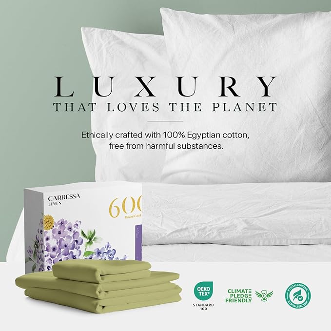 Carressa Linen 100% Egyptian Cotton Twin Sheets Set - 600 Thread Count Egyptian Cotton Luxury Twin Sheets (3 PC, Herb Garden), 16" Deep Pocket, Soft, Cooling, Sateen Weave College Dorm Room Bedding