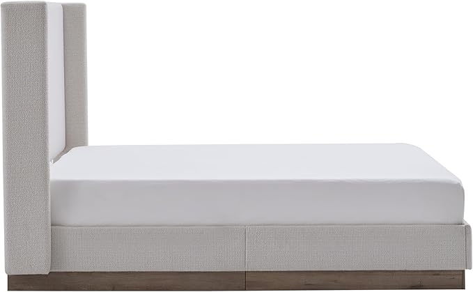 King Size Upholstered Platform Bed Frame, 53.1" Tall Headboard Hosford Wingback Bedframes, Wood Base Floor Beds, No Box Spring Needed, No Noise, Minimalist, Cream White Boucle