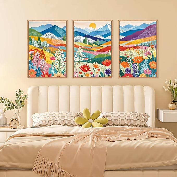 LHIUEM Large Abstract Mountain Flower Framed Canvas Wall Art,Colorful Watercolor Boho Wall Decor,Nature Floral Tree Wall Painting,Bohemian Artwork for Living Room,Bedroom,Dining Room,Office -16"x24"x3