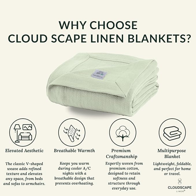 Cloud Scape Linen 100% Cotton Blanket Twin 68x92 Seafoam - Cozy Herringbone Weave, Fits Up to Twin XL Size Beds, Breathable Softness, All-Season Warmth, Winter Blanket, Bedding Gift Choice
