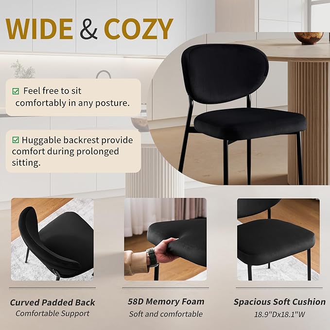 Black Dining Chairs Set of 2 Velvet Upholstered Dining Room Chairs Wide Seat Filled with 58D Memory Foam Modern Kitchen Chairs with Curved Back & Swivel Leveling Feet for Restaurant