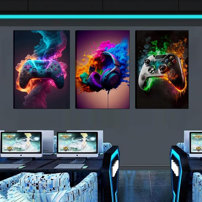 Gaming Room Decor Canvas Wall Art Set of 3 - Cool Video Gaming Theme Wall Decor, Gamer Paintings Picture Print for Teen Boys Room 16x24 inch Framed