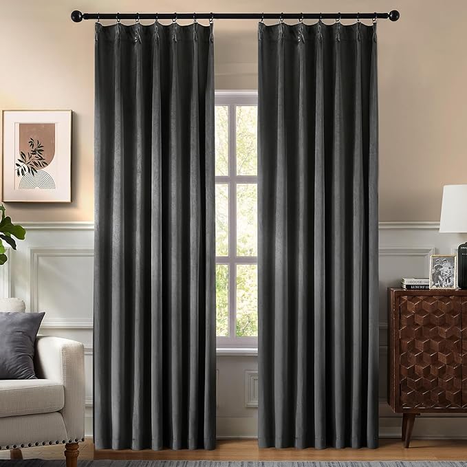 Pinch Pleated 100% Blackout Curtains for Bedroom, Grey Velvet Curtains for Living Room, Black Out Curtain 86 inch Long Room Darkening, Blackout Pinch Pleat Drapes with Hooks 2 Panels
