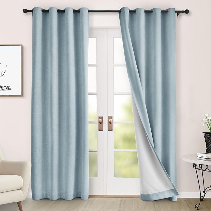 Macochico 100% Blackout Curtains Thermal Insulated Noise Reducing Chenille Curtains for Hotel Auditorium Bedroom Living Room Grommet Light Blue Curtains with Tieback Classic 52" Wx84 L 1 Panel
