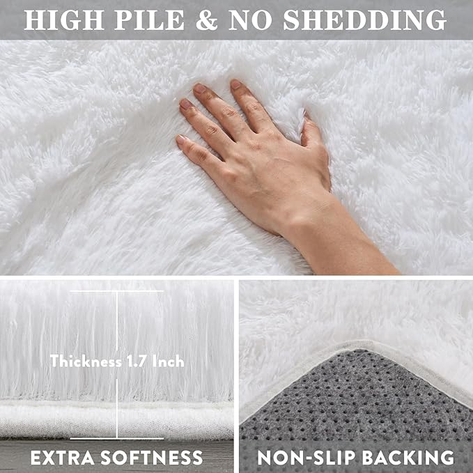 5x7 White Rugs for Bedroom, Soft Fluffy Shaggy Rugs for Living Room, Non-Slip Fuzzy Shag Carpet for Kids Room Home Decor