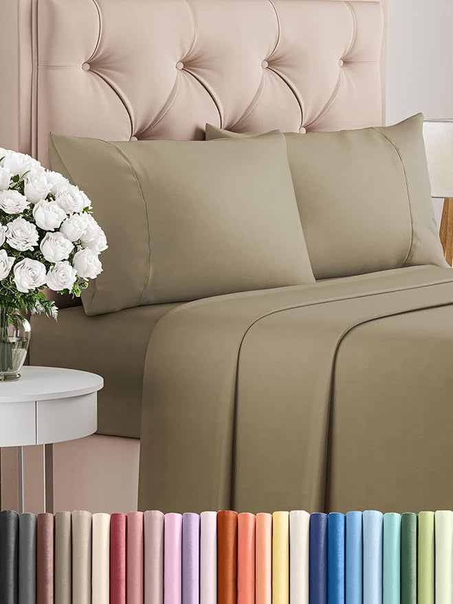 Twin XL 4 Piece Sheet Set - Cooling, Comfy & Breathable - Hotel Luxury Bedding, Includes Fitted Sheet for Women, Men, Kids and Teens - 1 Flat, 1 Fitted Sheet, 2 Pillowcases with Deep Pockets - Khaki