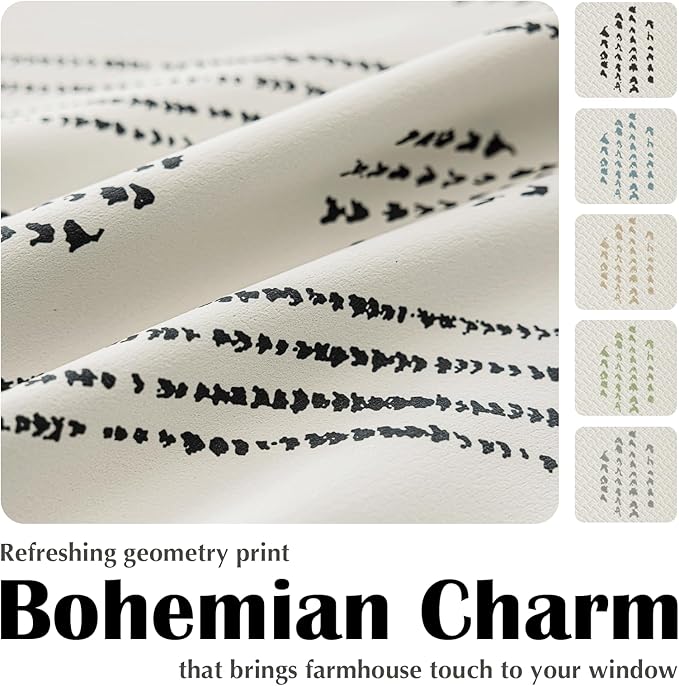100% Boho Blackout Curtains 90 Inches Long for Bedroom, Black on Beige Patterned Bohemian Curtains for Living Room, Geometric Striped Thermal Insulated Window Drapes Gromment Top 2 Panels