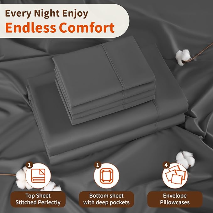 LBRO2M 1000 Thread Count 100% Egyptian Cotton Sheets Set 6 Piece Sets Full Size Bed Sheet Deep Pocket Sheet Set 16" Soft Comfortable All Season (Full, Dark Gray)