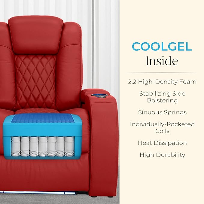 Seatcraft Diamante Zero-Gravity CoolZero Italian Leather Home Theater Seating, Power Headrest, Power Recline, Row of 3, Red