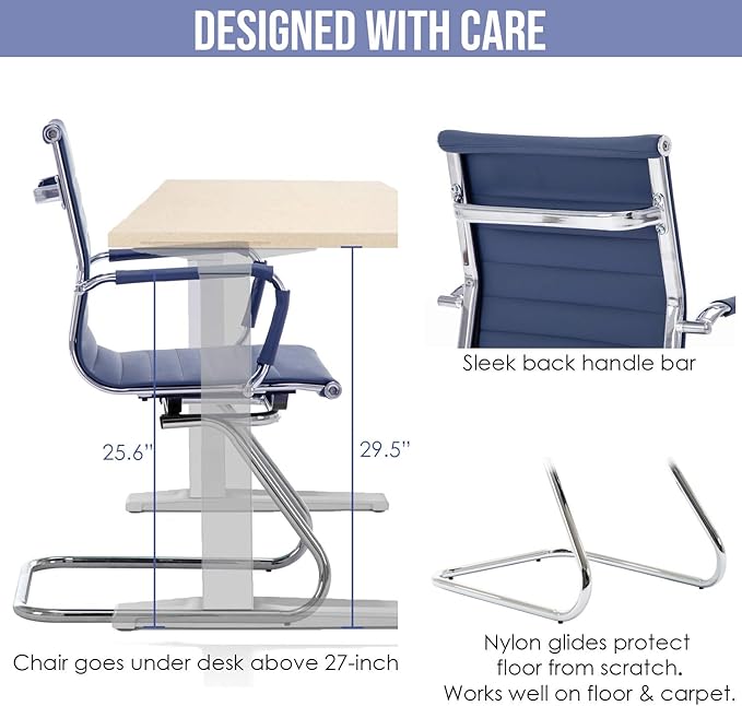 Wahson Office Guest Chairs Set of 6, Leather Reception Chairs, Mid Back Waiting Room Chair, Conference Chairs with Sled Base, Desk Chair No Wheels for Meeting/Lobby/Restroom, Navy Blue