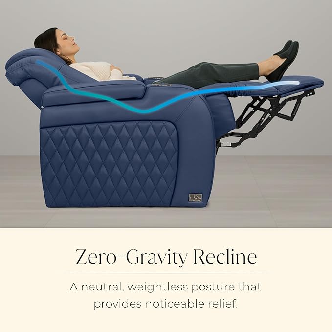 Seatcraft Diamante Zero-Gravity CoolZero Italian Leather Home Theater Seating, Power Headrest, Power Recline, Row of 4 Dual Loveseats, Navy Blue