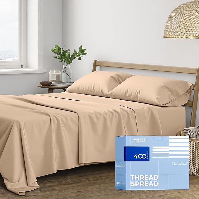 THREAD SPREAD 400 Thread Count King Cotton Sheets - 4 PC King Size Bed Sheet Set Cotton (Taupe), Soft, Cooling, Hotel-Quality 16" Deep Pocket Sateen Bedsheet for Hot Sleepers (Fits 18" Mattress)