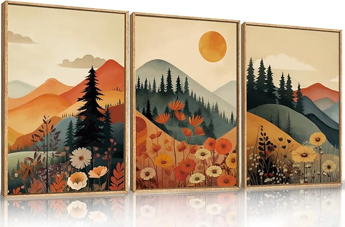 LHIUEM Large Boho Mountain Sunset Framed Canvas Wall Art Set, Pine Tree Flowers Wall Decor, Nature Landscape Forest Artwork for Living Room,Bedroom,Dining Room,Office -16"x24"x3
