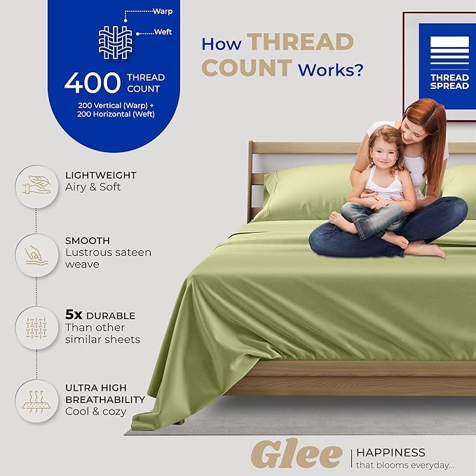 THREAD SPREAD 100% Cotton Queen Sheets Set - 400 Thread Count Queen Size Sheets (4 PC, Herb Green), 16" Deep Pocket All Around Elastic, Soft, Cooling, Durable & Breathable Sateen Weave Bed Sheet Set