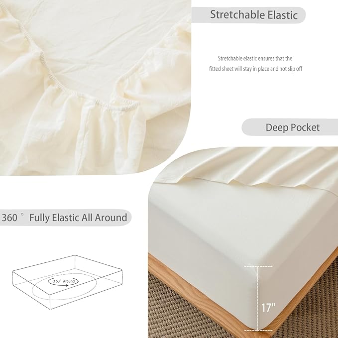 MooMee Fitted Bottom Sheet Only 100% Washed Cotton Linen Like Textured Breathable Durable Soft Comfy Deep Pocket Fits Mattress up to 17" (Cream White, California King)
