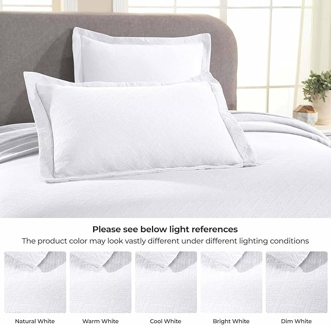 Superior 3 Piece Basketweave Cotton Bedspread Set, Home Bed Decor, Decorative Bed Spread, 2 Pillow Shams, Medium Weight Blanket, Matelasse Coverlet Bedding, Geometric Lattice Pattern, Full, White